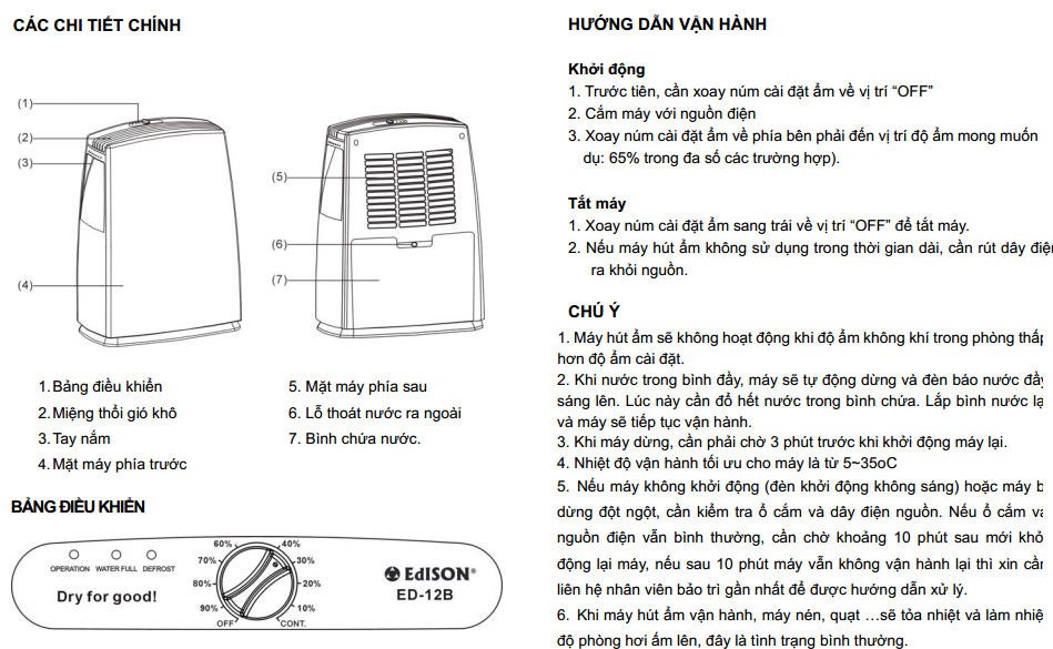 huong dan su dung may hut am edison ed12b